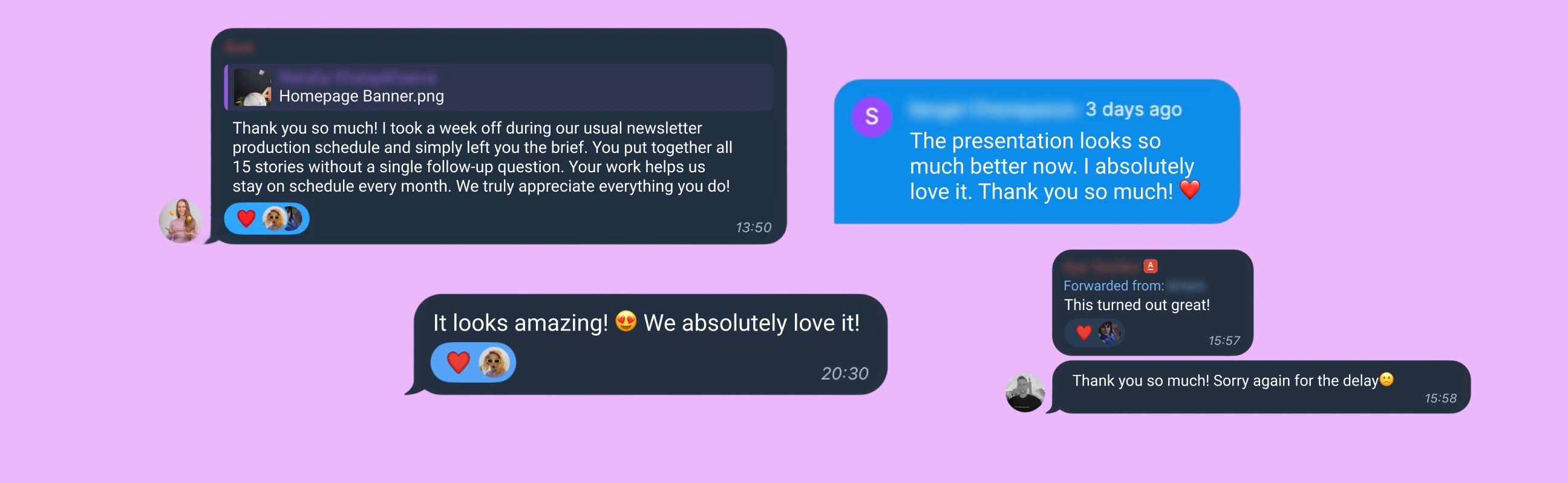 Client messages: thank-you notes about newsletters and presentations